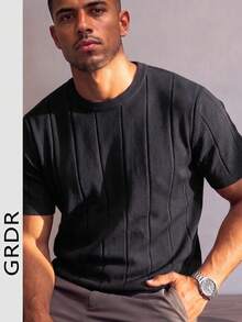 GRDR Men's Thin Summer Knit Sweater Solid Color Ribbed Short Sleeve, Sports Casual, Suitable For Outdoor Sports - Black - View 3