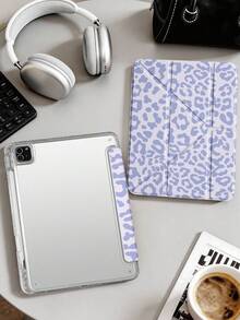 1件淺紫色豹紋平板電腦保護殼，適用於iPad Mini6/7/10.2/10.5/10.9(Air4-Air8)/Pro 11/10th Gen/A16/Pro 11 2024機型，彩繪圖案平板套，全透明壓克力背殼，絲綢質感8折支架，自動休眠/喚醒，內置筆槽，不含筆，部分機型附相機框 - 彩色 - 查看 1