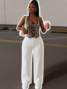 Retro American Street Style Women Straight Leg Non-Stretch Denim Jeans Casual Spring White Fall - White - View 8