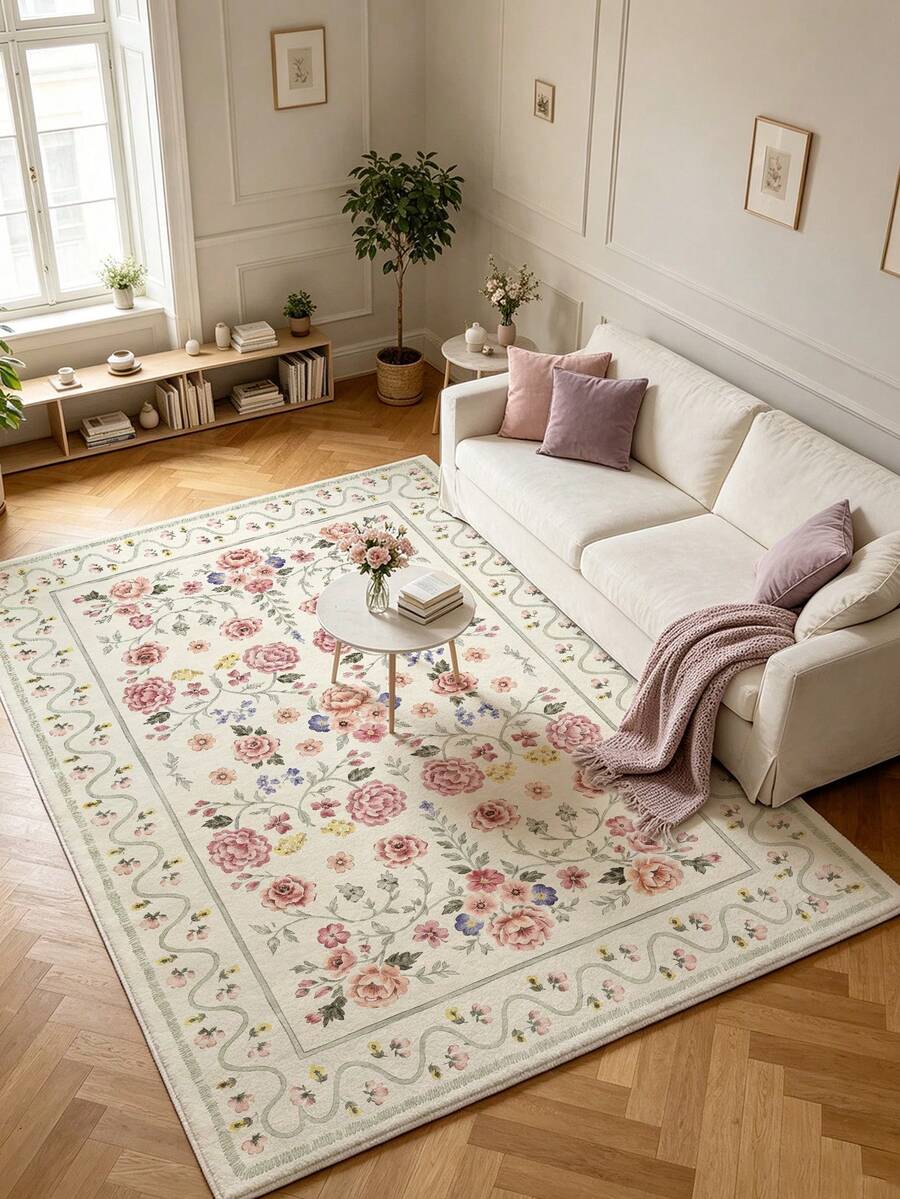 1 Stück Champagnerfarbener großer Wohnzimmerteppich mit Blumenmuster, Vintage Persischer Stil, leicht zu reinigen, rutschfeste Unterseite, geeignet für Wohnzimmer, Schlafzimmer, Küche, Esszimmer, Eingangsbereich, Büro und andere Heimdekorationen - Champagnerfarben - Übersicht 1