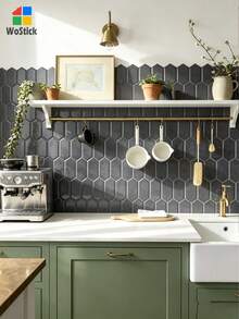 WoStick 1/10 Sheets DIY Elongated Hexagon Mosaic Wall Stickers, Waterproof Self-Adhesive Backsplash Tiles For Kitchen Bathroom Home Decor, Light Pink Marble Pattern - Carbon Grey Honeycomb - View 2