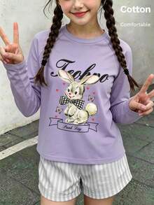 Autumn Girls' Long Sleeve T-Shirt With Bunny, Bow & Text Print, White Round Neck Y2K - Mauve Purple - View 4
