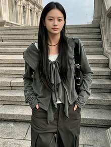 YCYC Korean Style Vintage Personalized Grey Ruffle Tie Versatile Casual Long Sleeve Cardigan Jacket - Grey - View 2