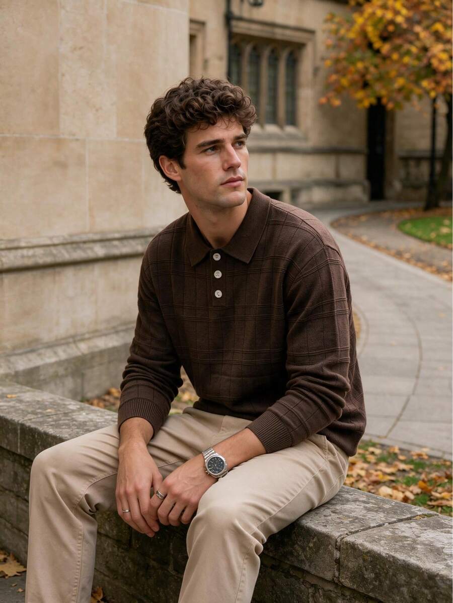 Men's Brown Plaid 3-Button Knit Polo Shirt, Vintage Casual Long Sleeve Suitable For Daily Outdoor Wear - Brown - View 1