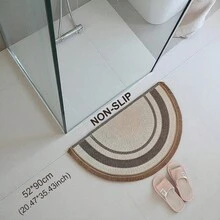 Brown Color Block Semi Circle Door Mat With Tassels, Linen Soft Non Slip Washable Foldable Bathroom Entrance Balcony Rug, Fall Winter Home Decor, Pet Friendly, 80cm 90cm - Coffee Brown - View 3