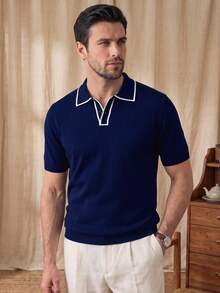 Men's Neutral Knitted Polo Collar Casual Commute Versatile Business Fit Short Sleeve Pullover T-Shirt Top Spring Summer - Navy Blue - View 1