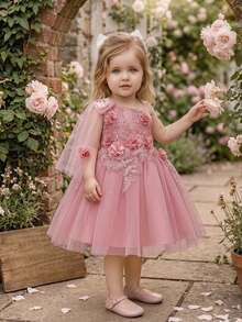 Baby Girls Bow Flower Mesh Princess Dress Suitable For Party Flower Girl, Fabric Floral Pattern Random Cut, Headband Not Included - Dusty Pink - View 4