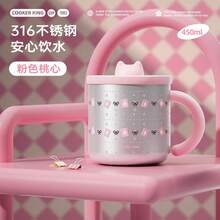 COOKER KING 1pc Cute Pear Print Insulated Cup With Cat Lid, 450ml 316L Stainless Steel Coffee Mug, Handle Design Water Cup, Suitable For Home Office Tea Drinking - Pink Flower Island - View 3