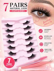 7 Pairs Fluffy Lightweight Soft Half Lash False Eyelashes, Includes Lash Brush And Tweezers Set, 3D Faux Mink Natural Look, Reusable, Suitable For Daily Makeup, Strip Lashes, Lash Clusters, Half Lash Set - Multicolor - View 2