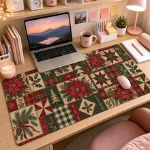 Vintage Christmas Floral Patchwork Desk Mat, 1pc Extended Mouse Pad With 4 Styles, Gingerbread Bow Holly And Candy Cane Design, Polyester Surface With Non-Slip Rubber Base For Office, Home, Dorm And Gaming, 3 Sizes Available - View 6