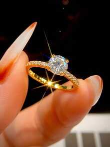 1pc Moissanite Ring Set, Minimalist 4-Prong Angel Stackable Rings, Suitable For Women's Daily Wear - Gold - View 6