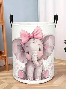 [Cute Elephant Basket] Cute Elephant Laundry Basket,Foldable Round Organizer Box With Sturdy Handle | Pink Bow & Butterfly, Soft Pastel Cartoon Design, Durable Storage Bin For Playroom, Spring Cleaning, Lightweight,For Room ,Bathroom - Multicolor - View 7