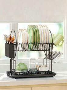 Escurridor de platos de doble capa para cocina, multifuncional, soporte para cuencos y platos, estante de almacenamiento de vajilla para encimera con bandeja de goteo y secado - Multicolor - Ver 7
