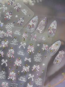 Sweet Pink Xmas Nail Stickers 1Sheet, 3D Embossed Ribbon Bow Christmas Tree Pearl Star Pattern Self-Adhesive Nail Decals, DIY Nail Art Decorations - Multicolor - View 1