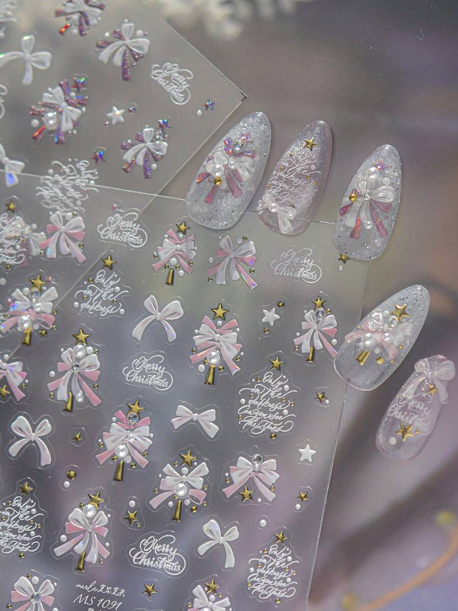 Sweet Pink Xmas Nail Stickers 1Sheet, 3D Embossed Ribbon Bow Christmas Tree Pearl Star Pattern Self-Adhesive Nail Decals, DIY Nail Art Decorations - Multicolor - View 1