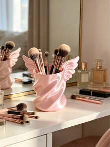 Makeup Brush Holder 1pc Large Capacity PLA Material, Fairy Style, Angel Wings Pattern, Spiral Twisted Design, Satin Cherry Blossom Pink, Vanity Tabletop Storage Box, Bedroom/Bathroom, Suitable For Girls/Best Friend Gift - Pink - View 5