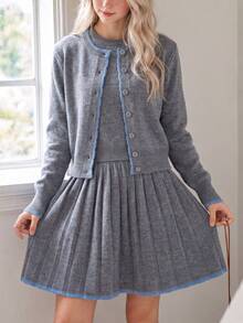 Bộ 2 món váy và áo khoác cardigan nữ mùa thu/đông, phong cách thường ngày thanh lịch, thiết kế viền phối màu tương phản, thời trang mặc hàng ngày - Xám - Xem 4