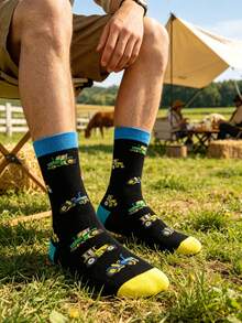 1 Pair Men's Farm Tractor Graphic Mid-Calf Socks, Fun Tractor Jacquard Mid-Calf Socks, Men's Contrast Cuff Casual Everyday Personalized Agricultural Machinery Enthusiast Outfit Socks - Multicolor - View 2