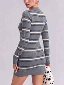 Women's New Grey Striped Knit Polo Dress, Long Sleeve Short Slim Fit, Suitable For Autumn/Winter - Grey - View 2