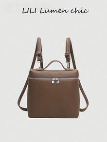 Women's Vintage Commuter Small Square Backpack, Soft Litchi Textured Fabric, Silver Dual Zipper Pulls, Top Handle With Adjustable Shoulder Straps, Multi-Compartment Storage, Hands-Free Daily Carry, Can Be Worn As Backpack Or Handbag - Khaki - View 2