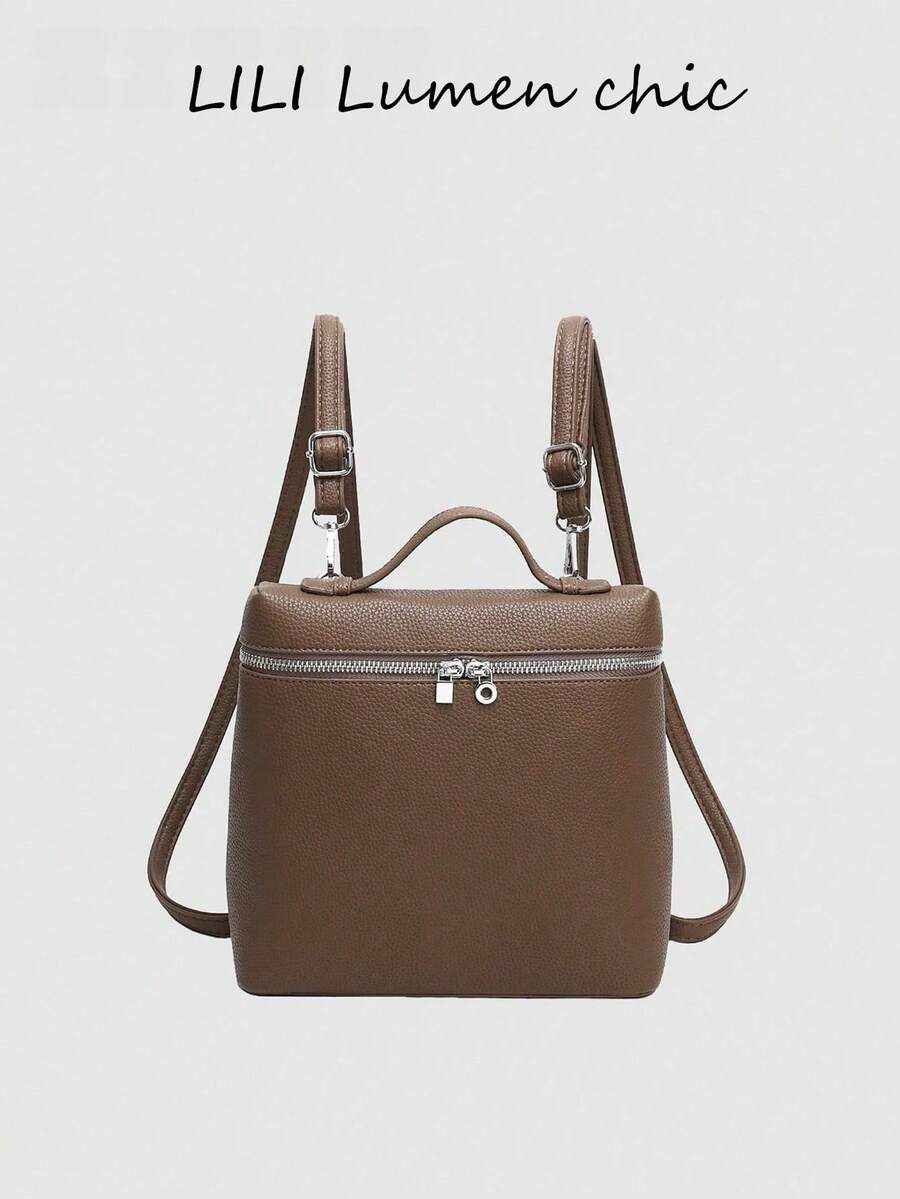 Women's Vintage Commuter Small Square Backpack, Soft Litchi Textured Fabric, Silver Dual Zipper Pulls, Top Handle With Adjustable Shoulder Straps, Multi-Compartment Storage, Hands-Free Daily Carry, Can Be Worn As Backpack Or Handbag