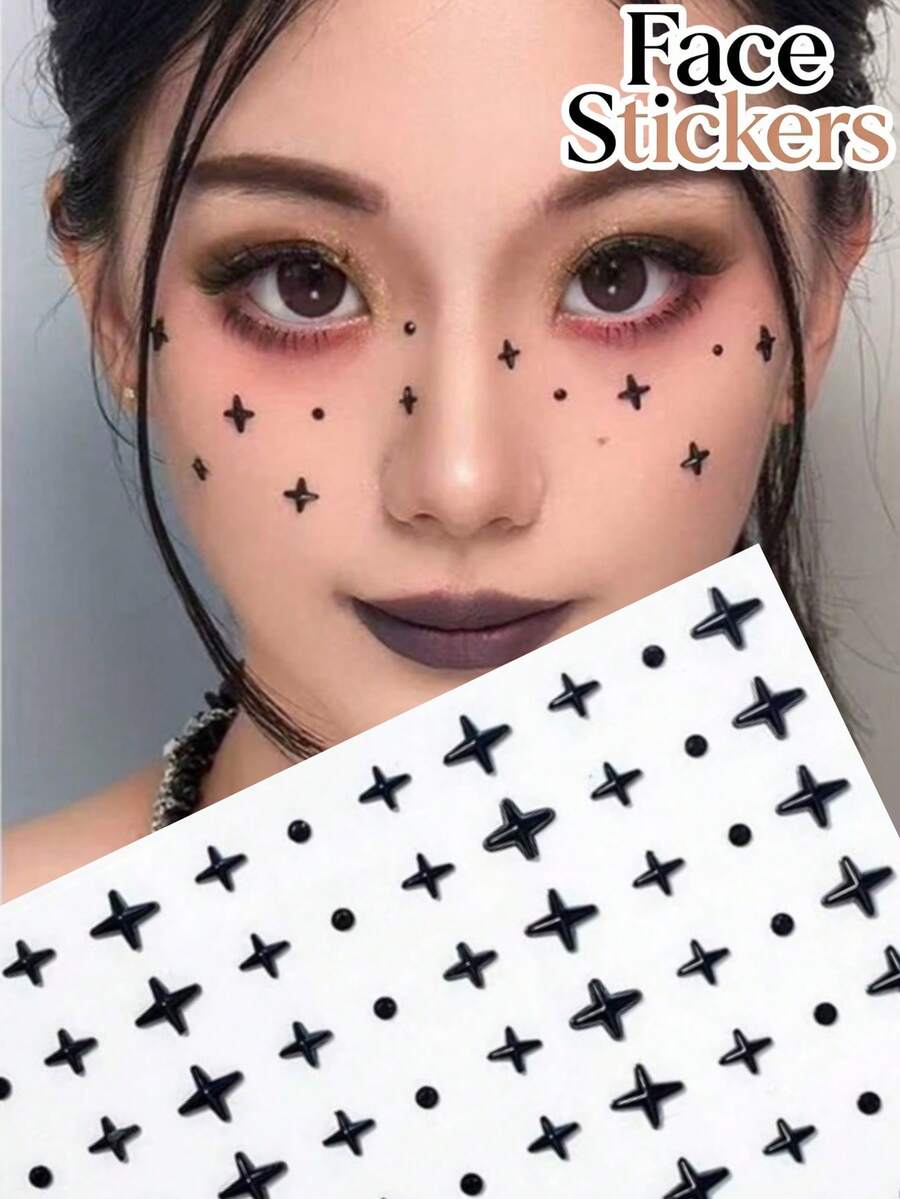 2pcs New Black Cross Star Four-Point Star Mixed Size Face Stickers, Used For Facial Makeup Decoration And Beautification, Minimalist Cross Star With Packaging Paper, Y2K Face Stickers, Sticker Shop Exclusive DIY - Black - View 1