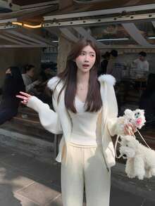 White V-Neck Lace Brushed Base Layer Slim Fit Innerwear Women Autumn Winter Blouse - White - View 5
