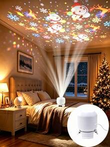 USB Plug And Play Christmas Projection Light, 360° Adjustable Base Dynamic Rotating Projection, Snowman Reindeer Snowflake Patterns, Home Party Holiday Decoration Night Light - White - View 7