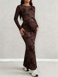 Maternity Jacquard Mesh Patchwork Casual Party Dress - Coffee Brown - View 6