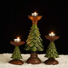 1pc Christmas Tree Candle Holder, Resin Holiday Candle Stand, Vintage Green & Brown Christmas Flat - A - View 2