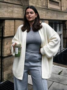 Yuu Autumn/Winter White Plus Size Women Elegant Fashion Knit Long Sleeve Cardigan, Slim Fit Flattering Belly Concealing Non-Binding Casual Comfortable Puff Sleeve Jacket, Solid Color Premium Classic Breathable High Elasticity Sweater, Suitable For Daily Casual Home Weekend Vacation Office Commute Back To School Season And Other Occasions, Easy To Match And Maintain, Tea Party Outfit, Plus Size Women Tops, Plus Size Women Jackets, Knit Cardigan, White Autumn/Winter Jacket - Beige - View 4