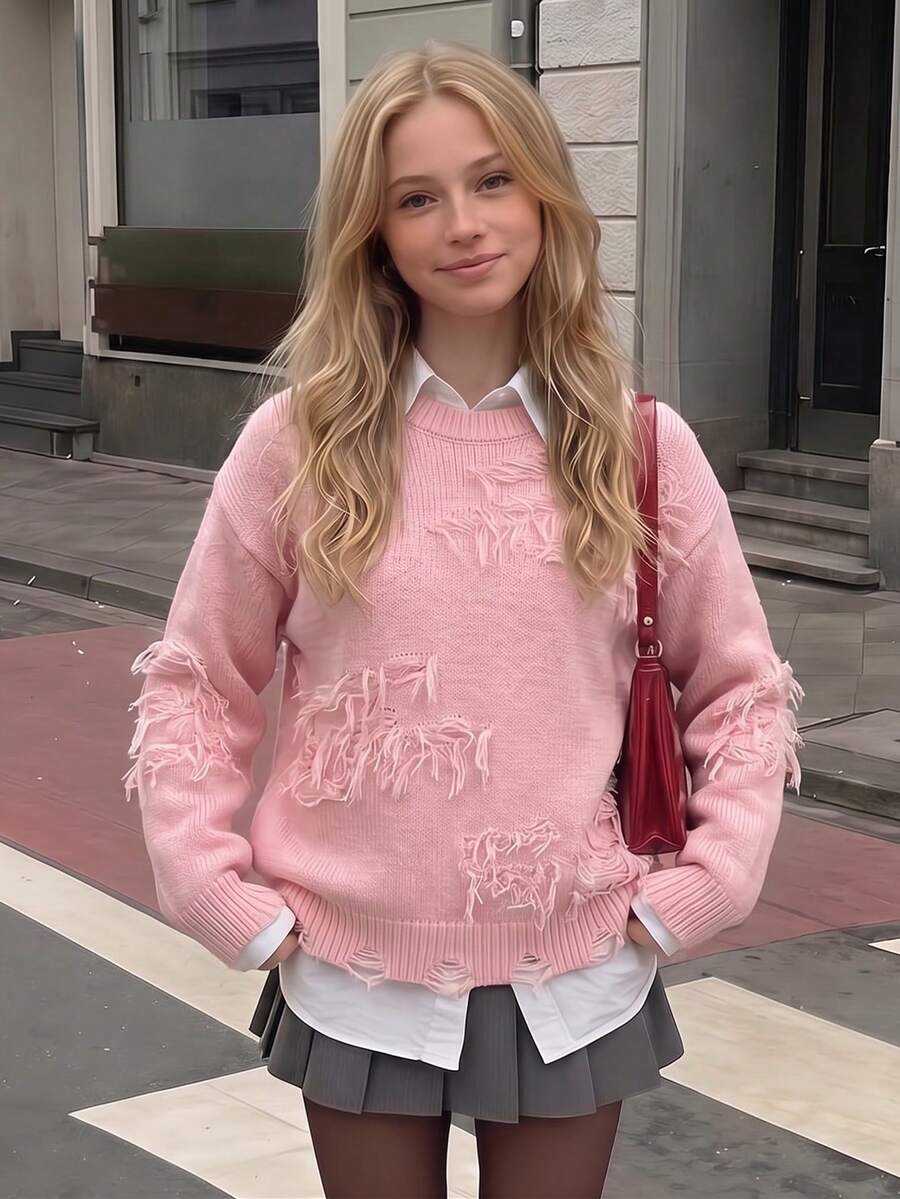 Girls' Pink Tassel Trim Knit Sweater, Autumn/Winter Sweet Style Round Neck Loose Drop Shoulder Pullover - Pink - View 1