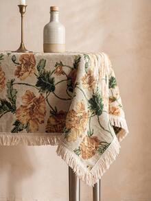 قطعة واحدة من مفرش طاولة بخلفية بيضاء كريمية مع طباعة زهور برتقالية عتيقة وأوراق خضراء، قماش جاكار بأسلوب ريفي رجعي، حافة مستطيلة بتفاصيل شرابات بيج، وظيفة حماية سطح المكتب مقاومة للبقع، مناسب لتناول الطعام اليومي ومشاهد ديكور المنزل المريح - بيج - مشاهدة 5