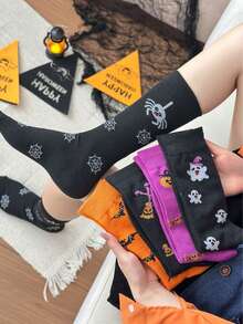 1/5 Pairs Men's All-Season Halloween Skull, Pumpkin, Ghost, Spider Pattern Comfortable Socks, Suitable For Family Gifts, Halloween Gifts - Multicolor - View 3