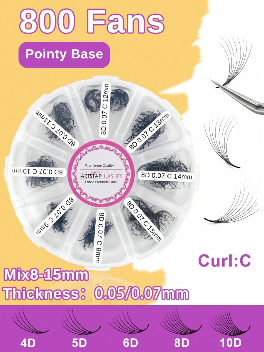 ARTSTAR 4D/5D/6D/8D/10D Curl C 800 Fans Loose Fan Mixed Length Pointy Base Premade Fans Sharp Thin Slim Medium Stem Volume Russian Eyelashes Extensions 8-15mix 0.05/0.07mm - C - View 1