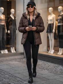 Women's Quilted Hooded Jacket With Zip Pockets, Ribbed Cuffs And Regular Fit - Coffee Brown - View 4