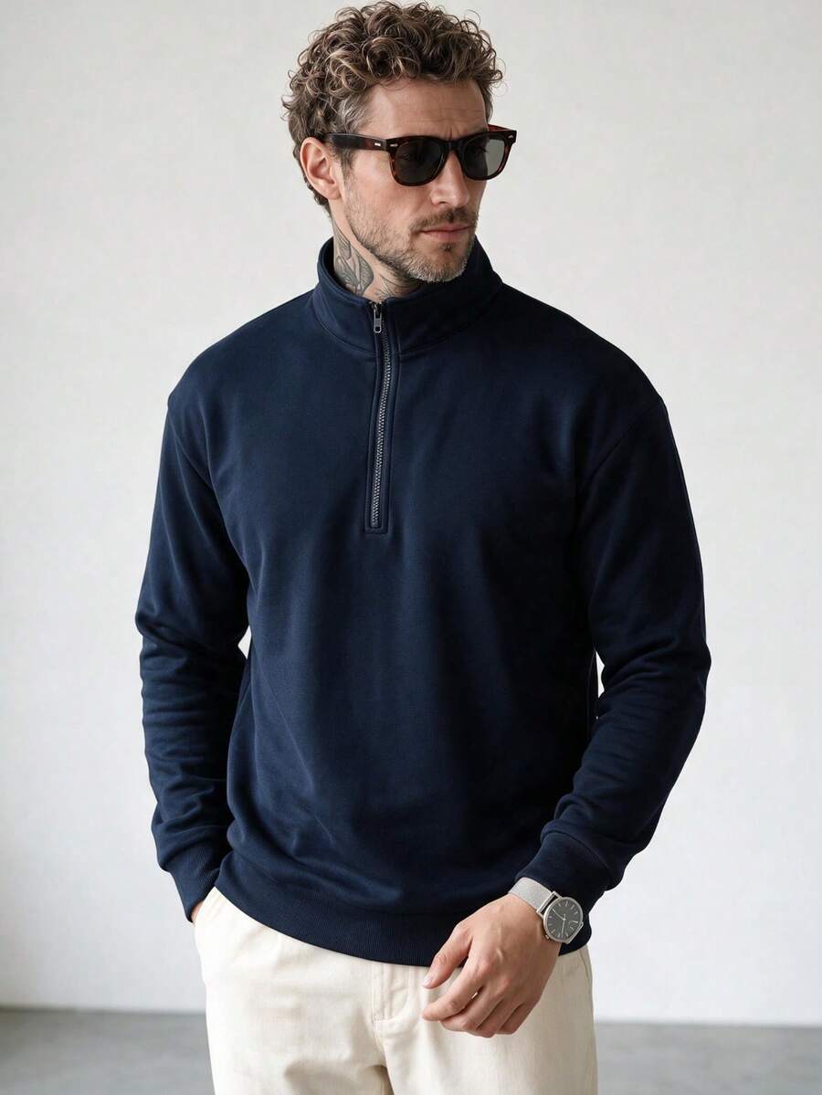 1pc Men's Long Sleeve Fleece Pullover, Half-Zip Collar Solid Color Sweatshirt - Navy Blue - View 1