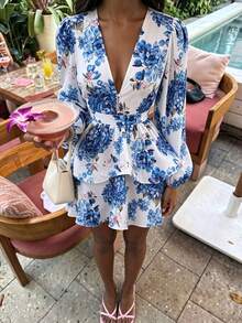Vuslat Autumn Fashion Oil Painting Floral Print V-Neck Double Layer Flared Short Dress, Elegant Party, Wedding Guest, Birthday, Date - Multicolor - View 9