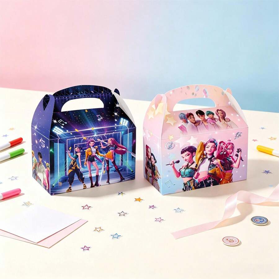 KPop Demon Hunters 12pcs Neon Concert Style Birthday Gift Box, Portable Handle Foldable Paper Cuttings Book Diy Candy, Snacks And Small Gift Containers, Very Suitable For Birthday Celebrations, Music Theme Parties, Holiday Parties, Concert Activities Party Supplies. - Multicolor - View 1