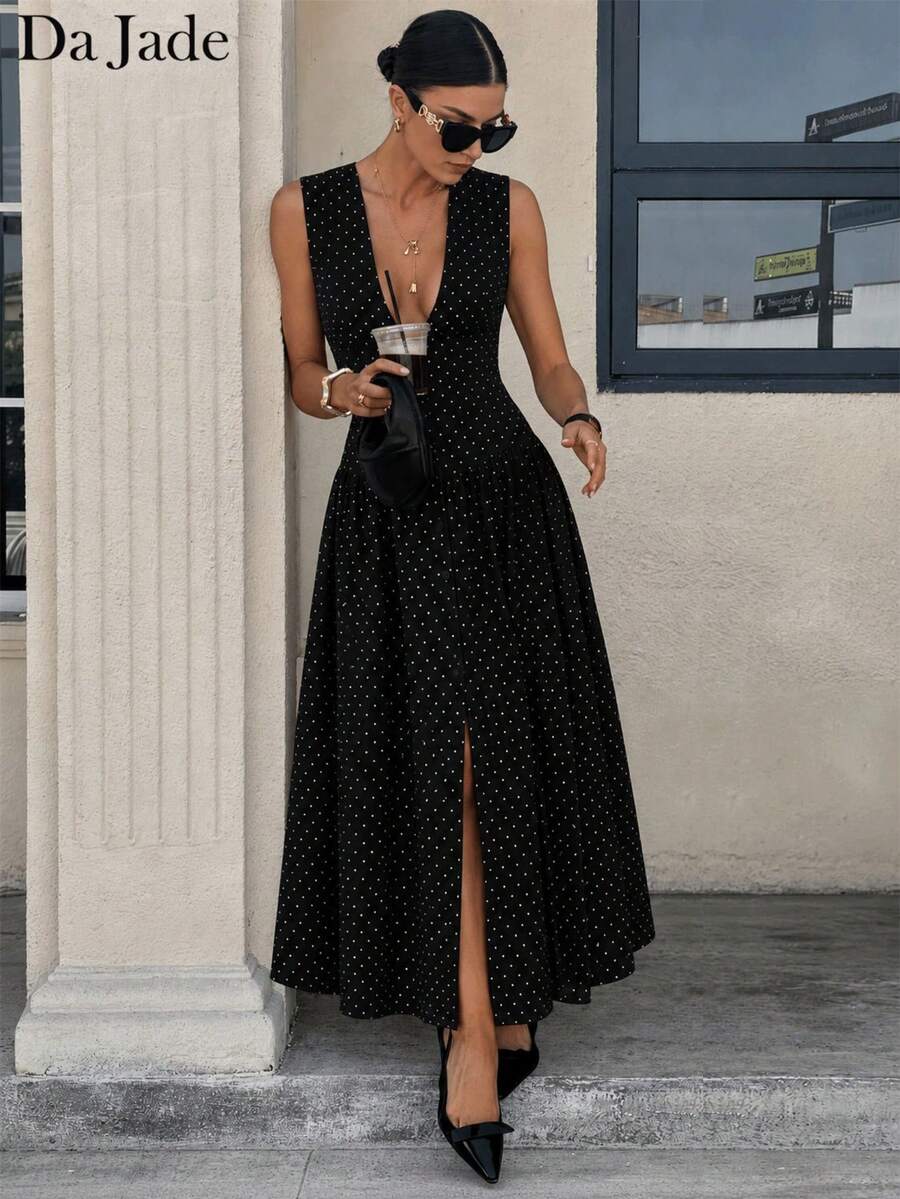 Da Jade Women's Vintage Bordeaux Red Polka Dot Sleeveless Midi Dress, Deep V-Neck Front Button Closure Side Slit Ruched Waist Soft Flowy Casual Beach Holiday - Black - View 1