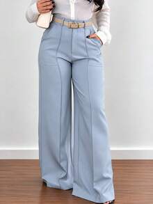 Women's Solid Color Pocket Casual Versatile Daily Wide Leg Pants - Blue - View 3