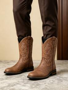 QRLQRL 1 Pair Men's Embroidered Pattern Round Toe High Shaft Low Heel PU Leather Upper Rubber Outsole Comfortable Fit Casual Western Tall Boots For Weekend Outings - Yellow - View 5