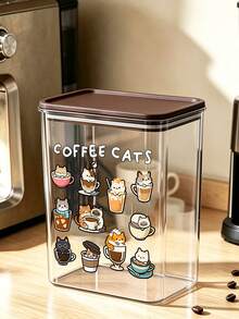 Cute Cup Cat And "Coffee Cats" Letter Pattern Coffee Storage Box, Sealed Plastic Food Jar, Large Capacity, Dustproof And Moisture-Proof, Kitchen Countertop Coffee Area Storage Box, Decoration, Kitchen Countertop Storage, Coffee Enthusiast Gift - Multicolor - View 6
