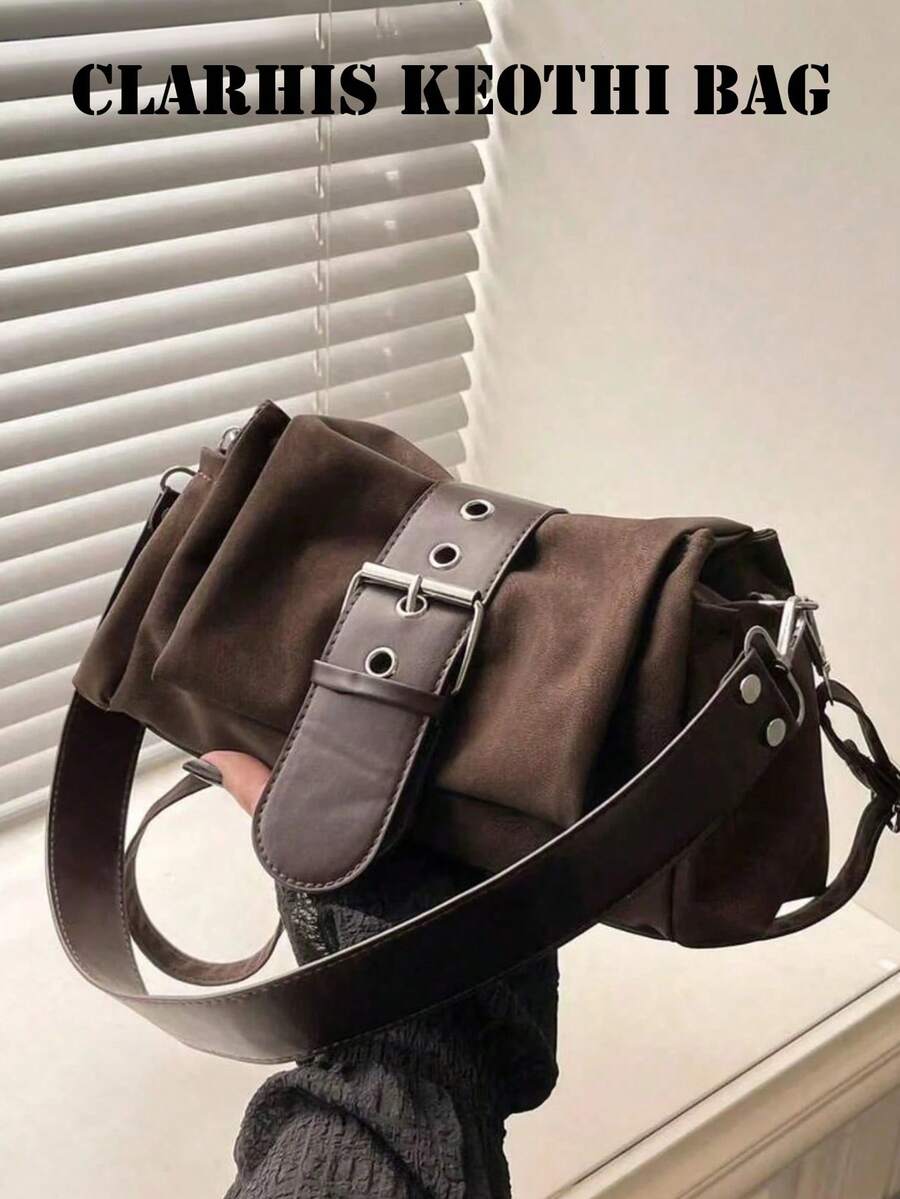 Women's Suede-Textured Shoulder Bag With Eyelet Buckle Decor, Detachable Wide Strap, Crossbody Wear, Multi-Pocket Storage, American Retro Style, Autumn/Winter Daily Commuter Vibe