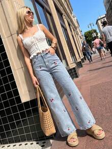 Elegant Cherry Embroidery Fashion Detailed Pocket Button Solid Color Pants, A Slightly Small Size Fall Casual - Baby Blue - View 2