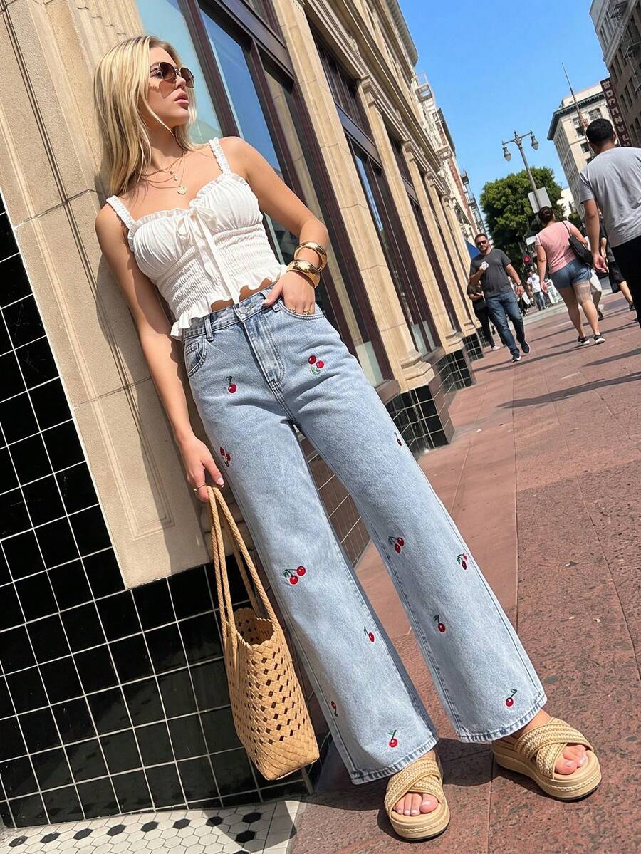 Elegant Cherry Embroidery Fashion Detailed Pocket Button Solid Color Pants, A Slightly Small Size Fall Casual