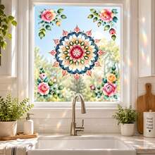 Floral Mandala Window Film, Static Cling Colorful Glass Sticker, Rainbow Glass Decal, Home Kitchen Bathroom Window Decoration - Window Film - View 2