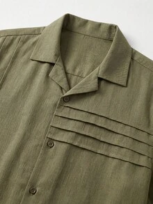 glestore 男士復古「老錢風」純色亞麻短袖襯衫：休閒、度假與日常通勤 - 百搭必備單品 - 軍綠色 - 查看 7