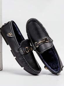 GAISIMA Men's Black Thermal Lined Loafers, Gold Buckle Metal Decor Business Slip-On Driving Shoes, Suitable For Daily Wear And Parties, Autumn/Winter Plus Size - Black - View 3