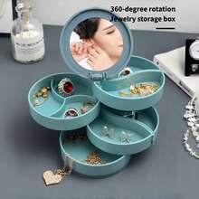 1pc 4-Layer Rotating Jewelry Organizer With Mirror, 360 Degree Rotation, Portable Earring Ring Necklace Storage Box, Vanity Table Desktop Women's Gift - 4-tier Plastic Storage Box With Mirror - View 1